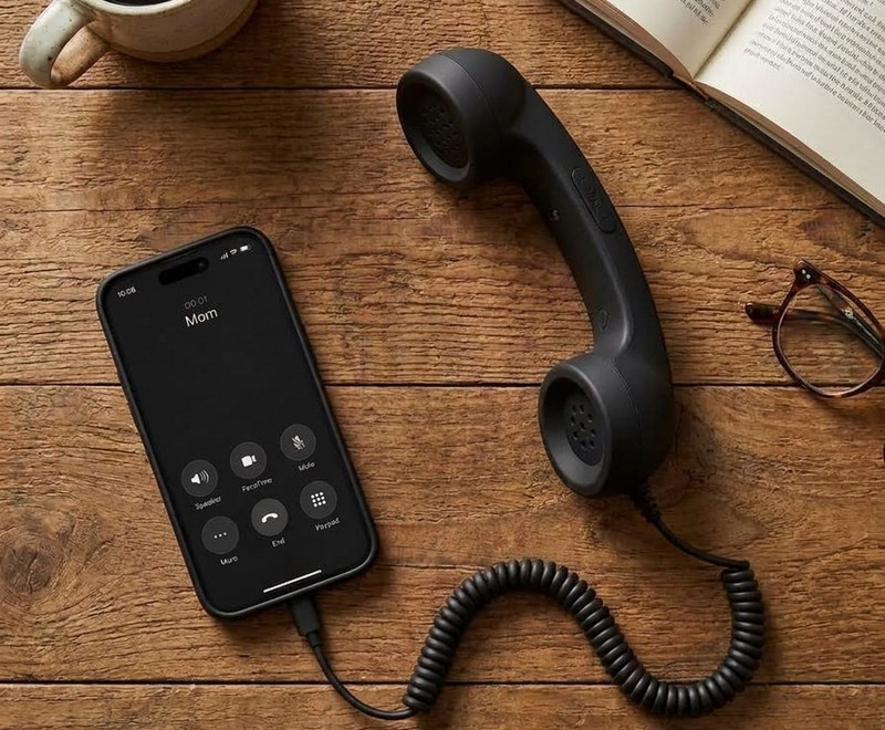 Dialtone retro phone handset in black, plugged into a smartphone