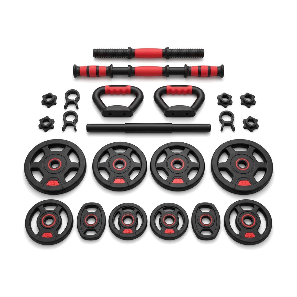 Adjustable Dumbbell Set 44 Lbs Converts to Barbell Kettlebell and Push Up Stands