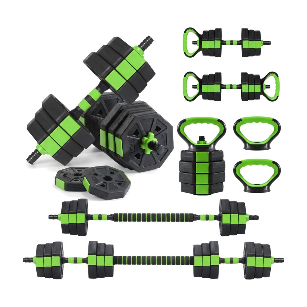 Adjustable Dumbbell Set 44 Lbs Converts to Barbell Kettlebell and Push Up Stands