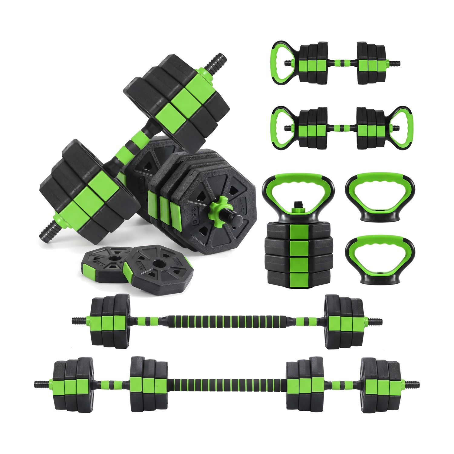 Adjustable Dumbbell Set 44 Lbs Converts to Barbell Kettlebell and Push Up Stands