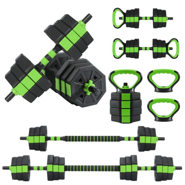Adjustable Dumbbell Set 44 Lbs Converts to Barbell Kettlebell and Push Up Stands