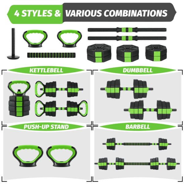 Adjustable Dumbbell Set 44 Lbs Converts to Barbell Kettlebell and Push Up Stands