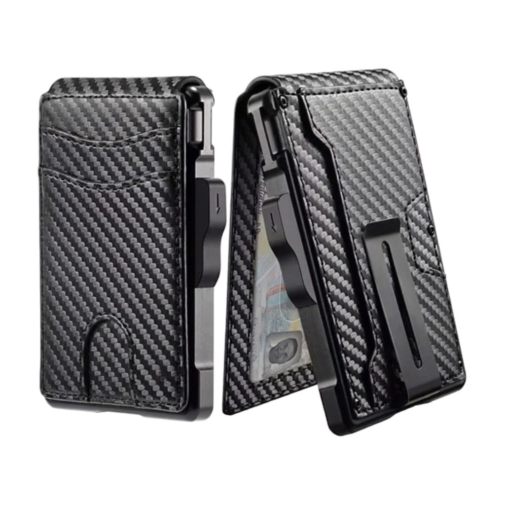 Minimalist Carbon Fiber Wallet for Men with RFID Blocking Pop Up Card Holder and Money Clip Slim Bifold Design