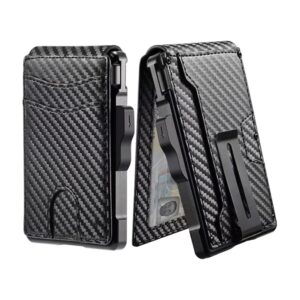 Minimalist Carbon Fiber Wallet for Men with RFID Blocking Pop Up Card Holder and Money Clip Slim Bifold Design