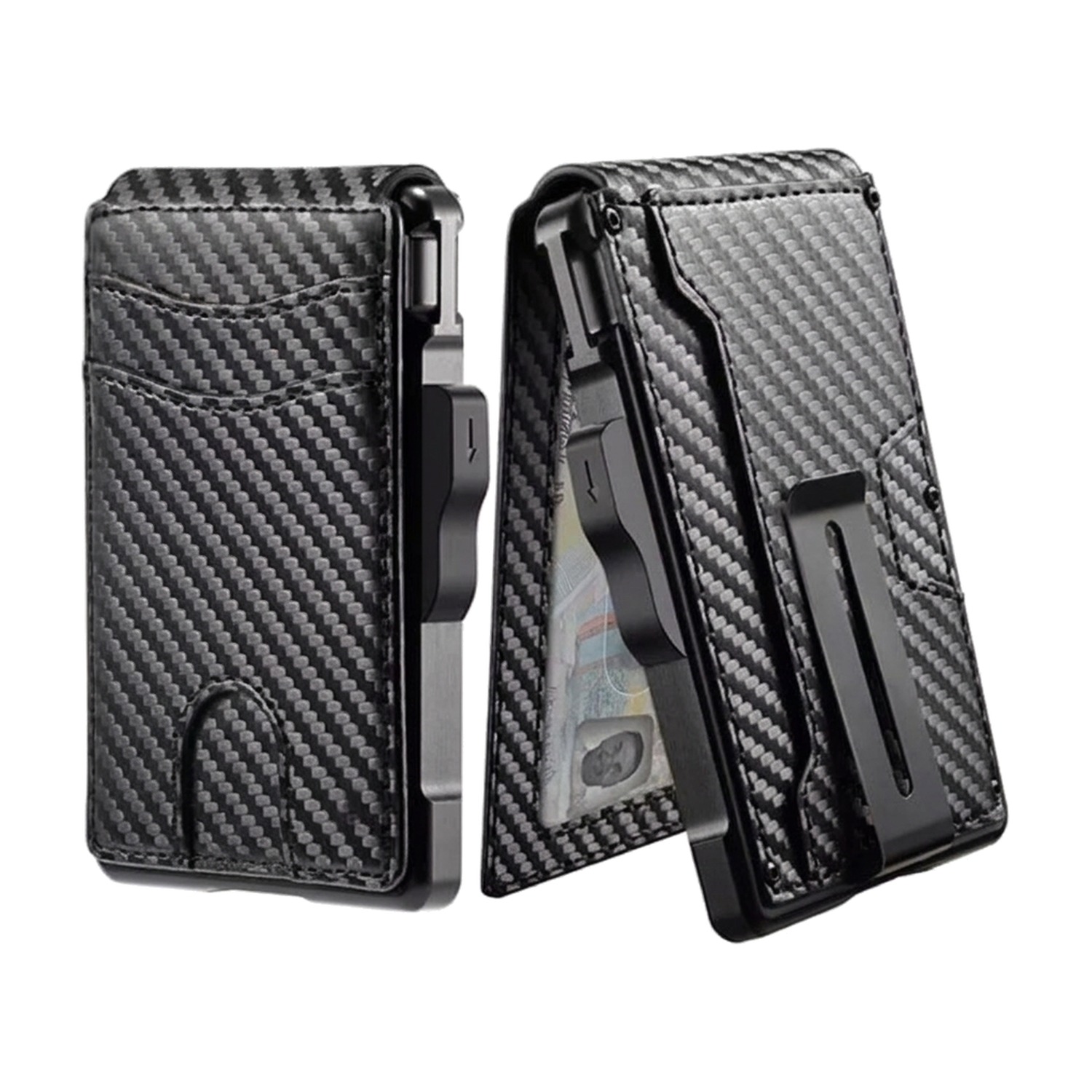 Minimalist Carbon Fiber Wallet for Men with RFID Blocking Pop Up Card Holder and Money Clip Slim Bifold Design