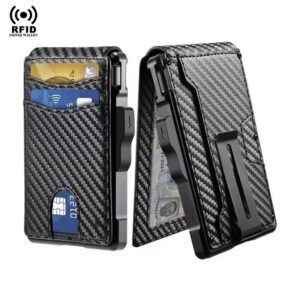 Minimalist Carbon Fiber Wallet for Men with RFID Blocking Pop Up Card Holder and Money Clip Slim Bifold Design