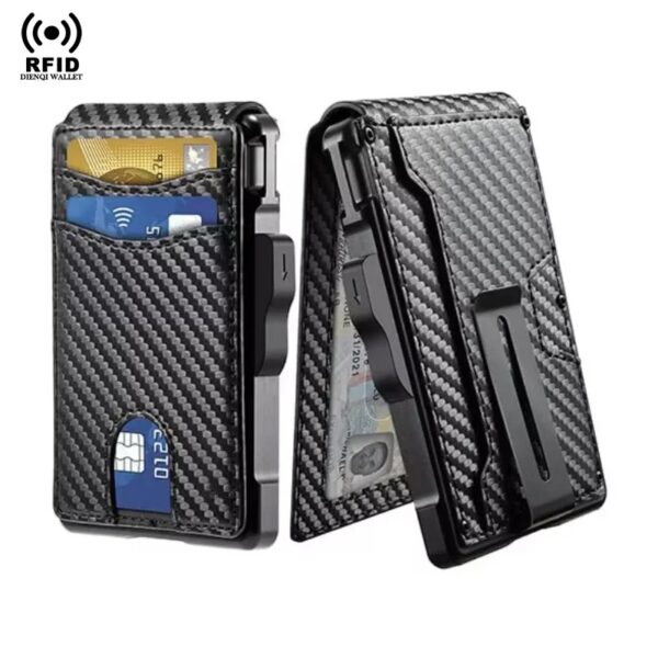 Minimalist Carbon Fiber Wallet for Men with RFID Blocking Pop Up Card Holder and Money Clip Slim Bifold Design