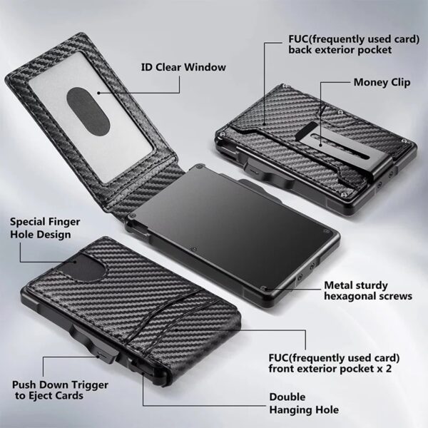 Minimalist Carbon Fiber Wallet for Men with RFID Blocking Pop Up Card Holder and Money Clip Slim Bifold Design
