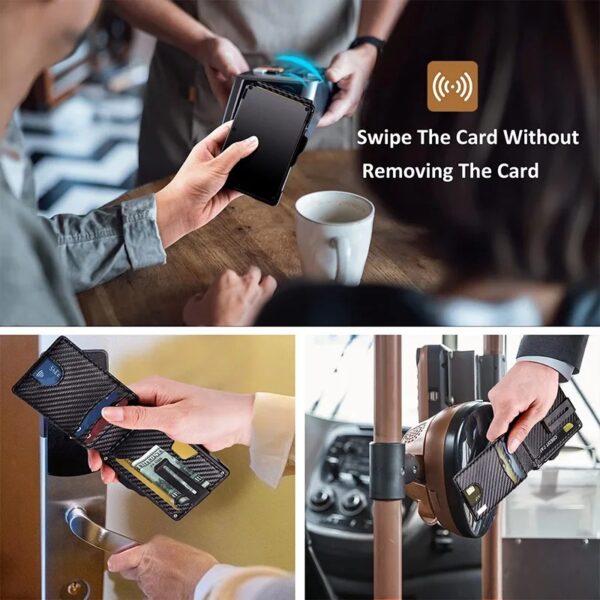 Minimalist Carbon Fiber Wallet for Men with RFID Blocking Pop Up Card Holder and Money Clip Slim Bifold Design